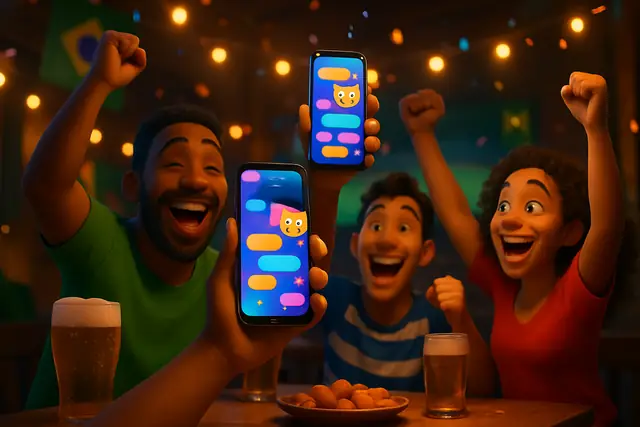 Amigos comemorando um gol no bar, um deles mostrando o celular com figurinhas de mascote