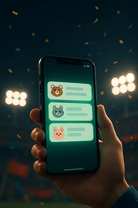 Celular com notificações chegando com o mascote do time, num estádio à noite