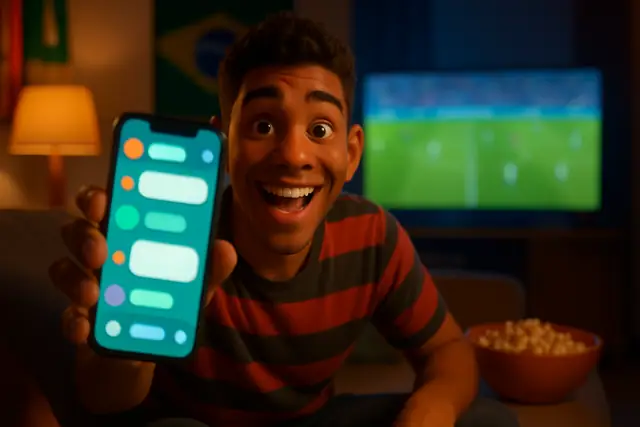 Torcedor no sofá em dia de jogo mostrando o celular com as conversas organizadas