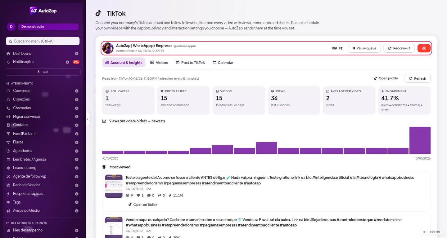 AutoZap TikTok page with the connected account and insights