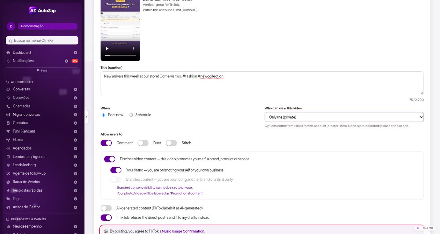 Post to TikTok screen with privacy, interaction and content disclosure settings