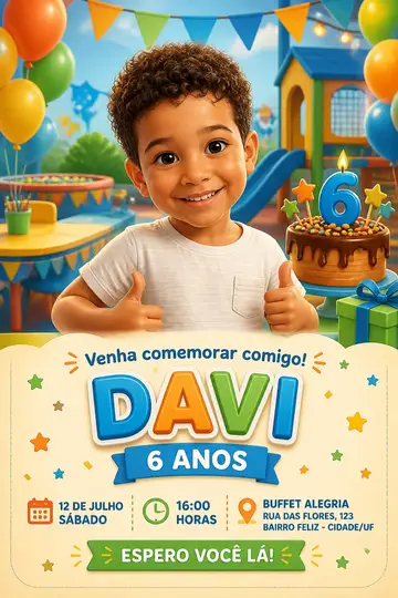 Convite de aniversário com o rosto do aniversariante