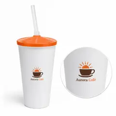 Copo Twister Branco com Tampa Colorida e Canudo Acrílico 500ml com a sua marca
