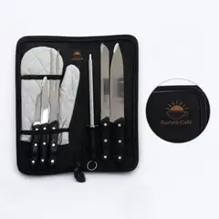 Kit churrasco com 7 peças cabo com a sua marca