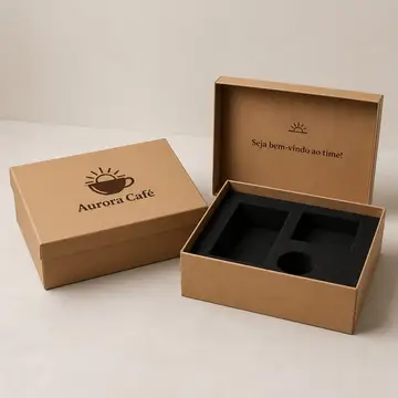 Caixa cartonada tampa solta 35x25x9 cm com impressão interna e berço, kraft com logo preto