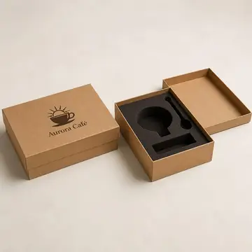 Caixa cartonada tampa solta 35x25x9 cm com berço, kraft com logo preto