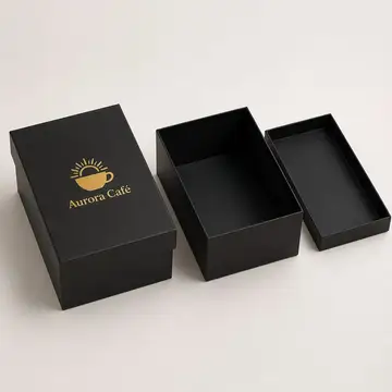 Caixa cartonada tampa solta 31x22x14 cm, preta com logo dourado