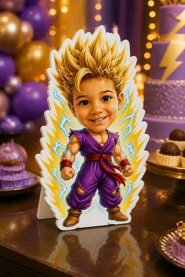 Foto do display na mesa da festa: Guerreiro transformado nível 2 (roupa roxa)