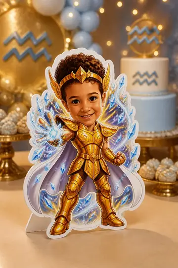 Foto do display na mesa da festa: Armadura de ouro de Aquário