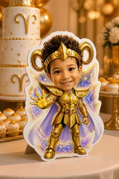 Foto do display na mesa da festa: Armadura de ouro de Áries