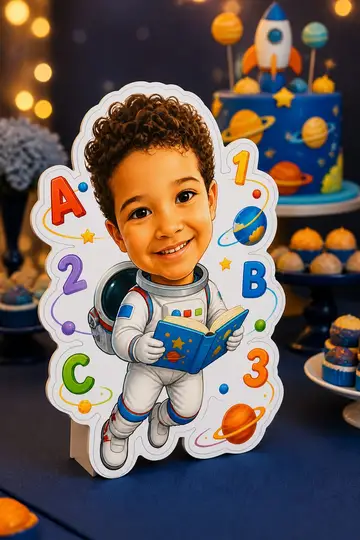 Foto do display na mesa da festa: Astronauta das letras
