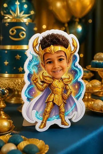 Foto do display na mesa da festa: Armadura de ouro de Câncer