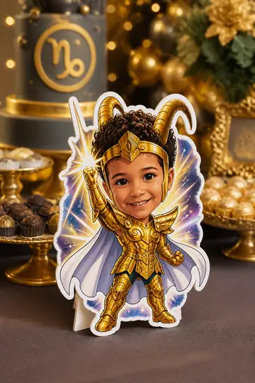 Foto do display na mesa da festa: Armadura de ouro de Capricórnio