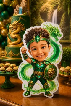 Foto do display na mesa da festa: Armadura de bronze de Dragão