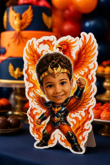 Foto do display na mesa da festa: Armadura de bronze de Fênix