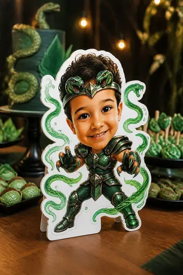 Foto do display na mesa da festa: Armadura de bronze de Hidra