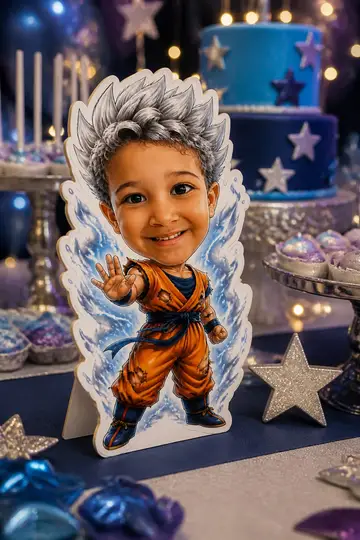 Foto do display na mesa da festa: Guerreiro do instinto prateado