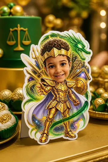 Foto do display na mesa da festa: Armadura de ouro de Libra