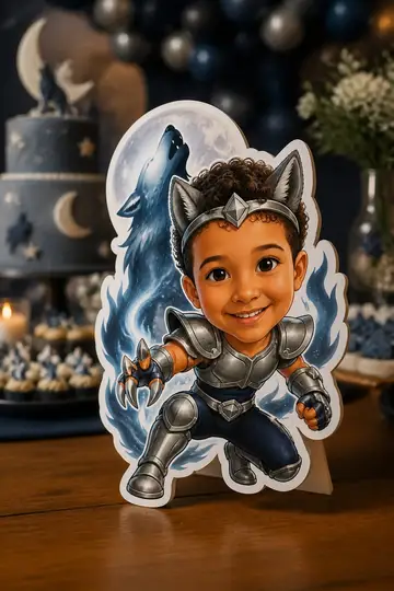 Foto do display na mesa da festa: Armadura de bronze de Lobo