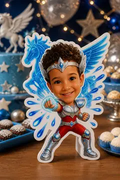 Foto do display na mesa da festa: Armadura de bronze de Pégaso