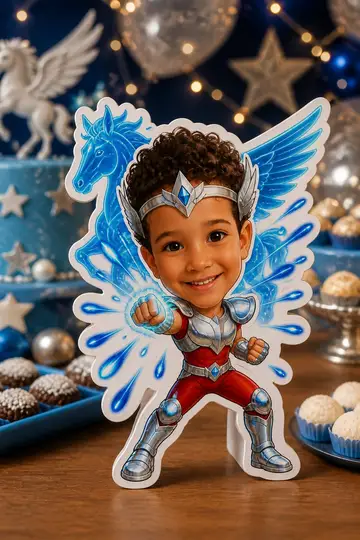 Foto do display na mesa da festa: Armadura de bronze de Pégaso