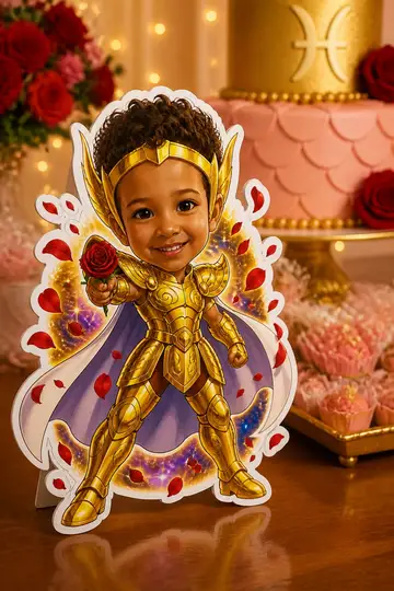 Foto do display na mesa da festa: Armadura de ouro de Peixes