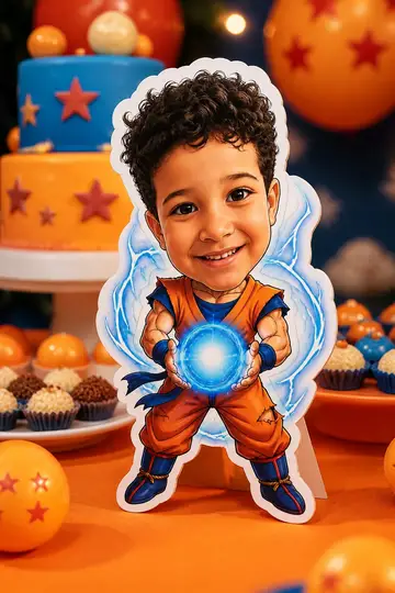 Foto do display na mesa da festa: Guerreiro de quimono laranja