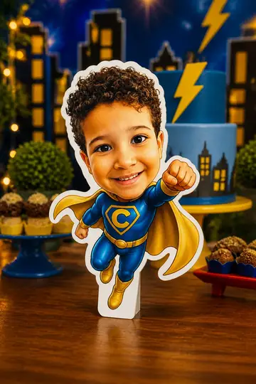 Foto do display na mesa da festa: Super-herói
