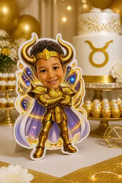 Foto do display na mesa da festa: Armadura de ouro de Touro