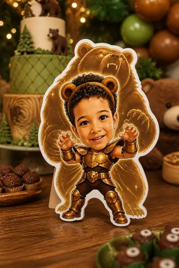 Foto do display na mesa da festa: Armadura de bronze de Urso