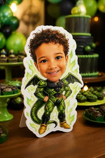 Foto do display na mesa da festa: Vilão bio-androide verde