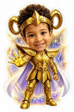 Caricatura cabeçuda da sua foto: Armadura de ouro de Áries