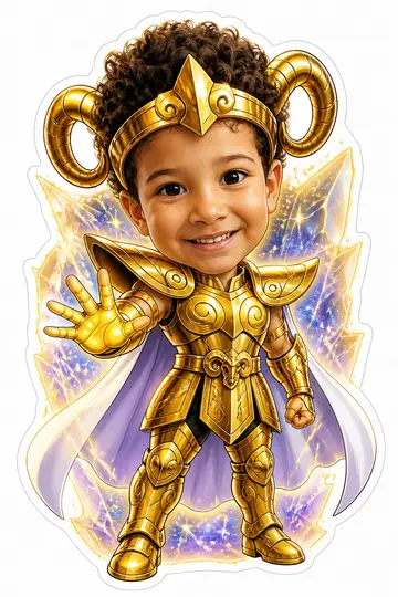 Caricatura cabeçuda da sua foto: Armadura de ouro de Áries
