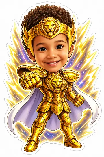 Caricatura cabeçuda da sua foto: Armadura de ouro de Leão