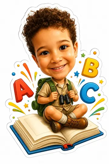 Caricatura cabeçuda da sua foto: Leitor aventureiro no livro gigante