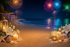 Elementos 3D de Ano Novo pra fundo (Réveillon na praia)