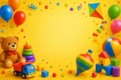 Elementos 3D de Dia das Crianças pra fundo (Brinquedos e cores)