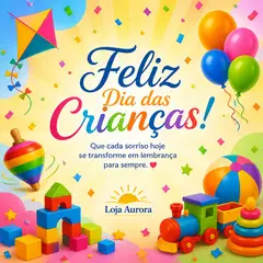 Mensagem "Feliz Dia das Crianças" com a sua logo (Brinquedos e cores)