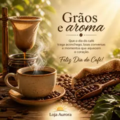 Mensagem "Feliz Dia do Café" com a sua logo (Grãos e aroma)