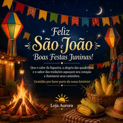 Mensagem "Feliz São João e festa junina" com a sua logo (Arraiá nordestino)