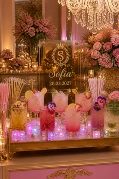 Bar de drinks sem álcool: 15 anos rosa e dourado clássico