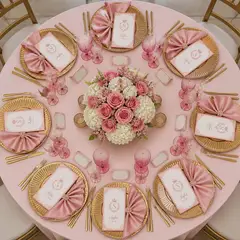 Mesa dos convidados vista de cima: 15 anos rosa e dourado clássico
