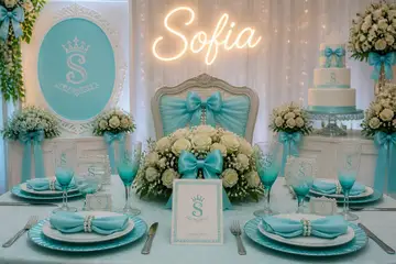 Mesa da debutante: 15 anos azul-turquesa e branco