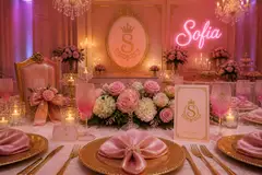 Mesa da debutante: 15 anos rosa e dourado clássico