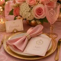Lugar do convidado (detalhe): 15 anos rosa e dourado clássico