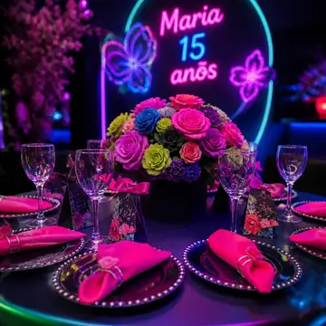 Foto profissional da sua mesa de 15 anos: neon glow