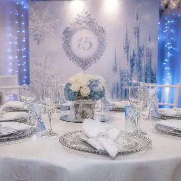 Foto profissional da sua mesa de 15 anos: branco e prata (princesa de inverno)