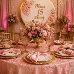 Foto profissional da sua mesa de 15 anos: rosa e dourado clássico