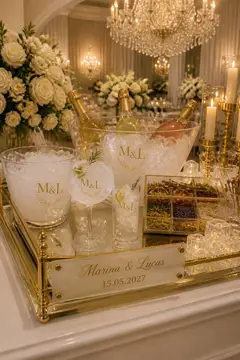 Bar de drinks e espumante: casamento clássico branco e dourado