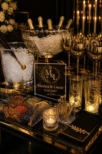Bar de drinks e espumante: casamento luxo black & gold
